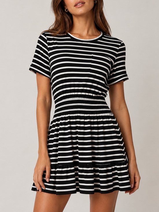 Parker Dresses & Skirts - Parker Cotton Jersey Mini Dress Size XS/S Black White Chest Pocket Smocked Waist